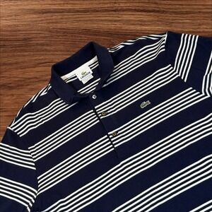 Lacoste Men's Classic Fit Navy White Striped Polo Shirt Green Croc Logo Size 7